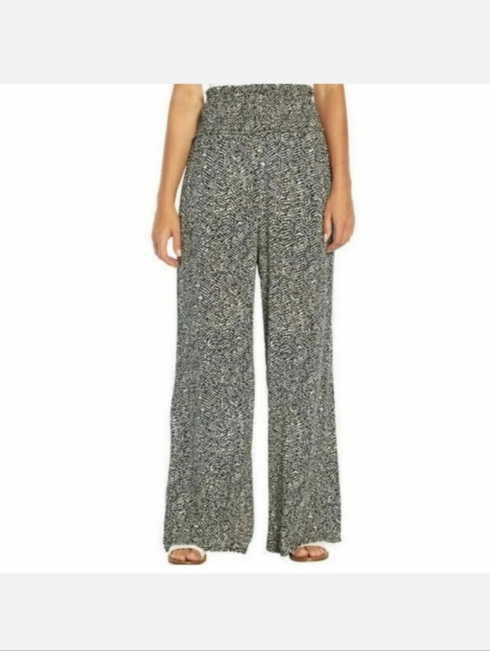 Three Dots Black & White Wide-Leg Smocked Waist Pants